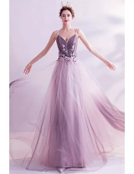 Dreamy Ombre Purple Flowy Long Tulle Aline Prom Dress With Spaghetti Straps