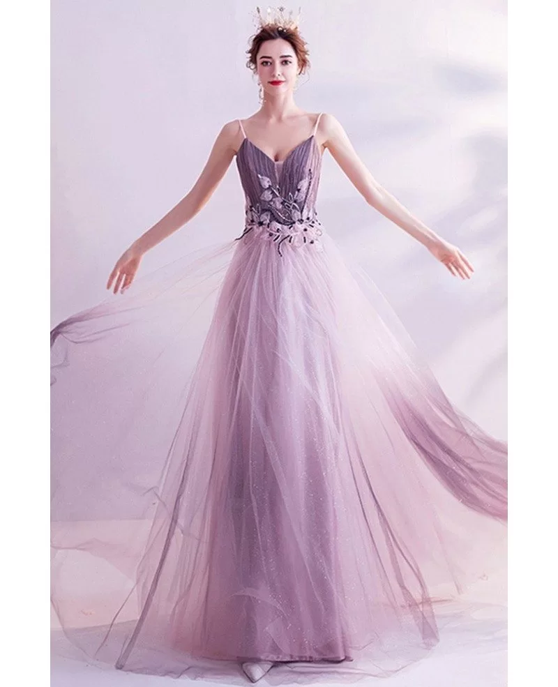 Simple Purple Tulle A-line Long Evening Prom Dresses, Custom Spaghetti –  GordressYou
