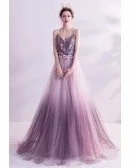 Dreamy Ombre Purple Flowy Long Tulle Aline Prom Dress With Spaghetti Straps