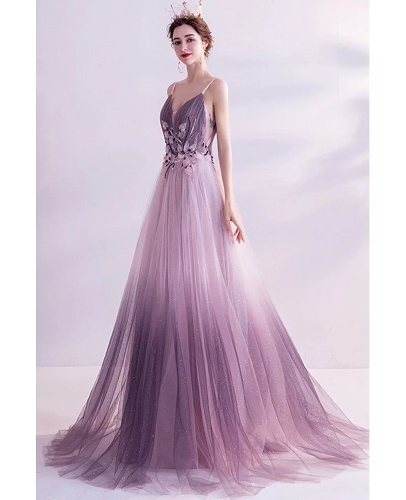 Dreamy Ombre Purple Flowy Long Tulle Aline Prom Dress With Spaghetti ...