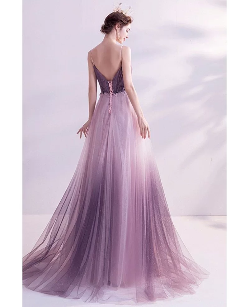 Dreamy Ombre Purple Flowy Long Tulle Aline Prom Dress With Spaghetti Straps Wholesale T47061 8598