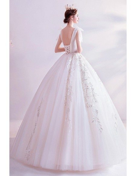 Unique Embroidery Flowers Big Ballgown Wedding Dress With Bow Straps