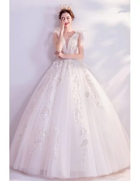 Unique Embroidery Flowers Big Ballgown Wedding Dress With Bow Straps