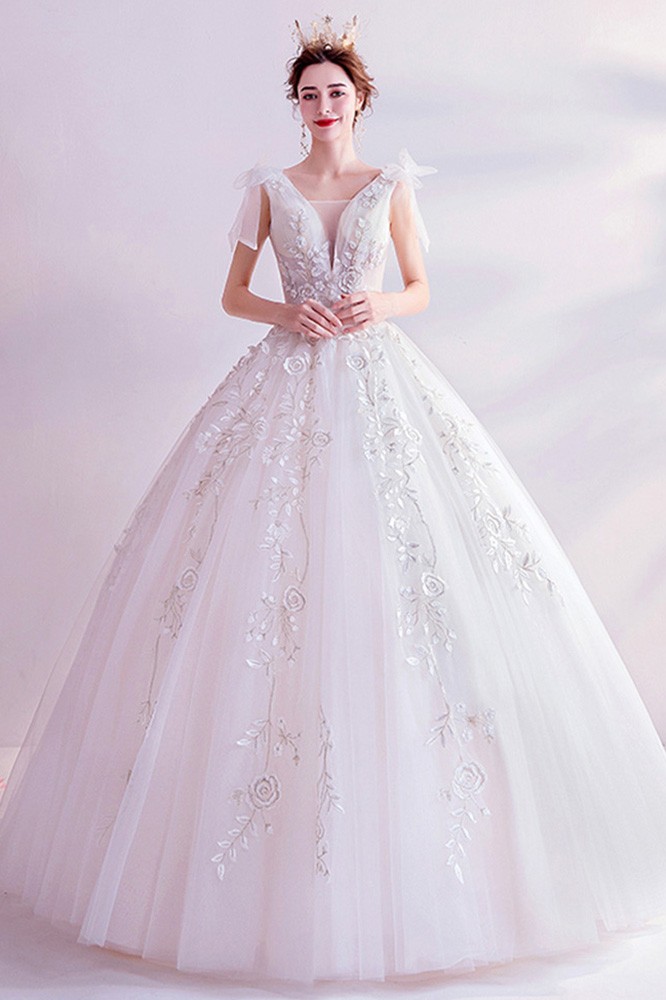 Unique Embroidery Flowers Big Ballgown Wedding Dress With Bow Straps ...