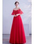 Red Off Shoulder Puffy Sleeves Long Prom Party Dress With Flowers