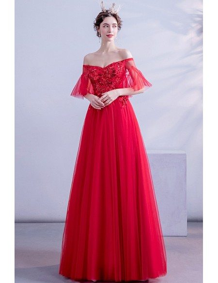 Red Off Shoulder Puffy Sleeves Long Prom Party Dress With Flowers ...