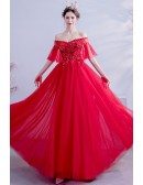 Red Off Shoulder Puffy Sleeves Long Prom Party Dress With Flowers