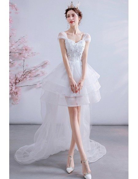 Special High Low Puffy Tulle Destination Wedding Dress With Cap Sleeves