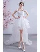 Special High Low Puffy Tulle Destination Wedding Dress With Cap Sleeves