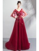 Puffy Tulle Sleeves Vneck Red Prom Dress With Appliques Flowers