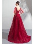 Puffy Tulle Sleeves Vneck Red Prom Dress With Appliques Flowers