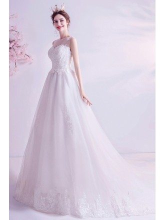 Simple Lace Trim Long Train Wedding Dress With Illusion Neckline