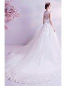 Simple Lace Trim Long Train Wedding Dress With Illusion Neckline