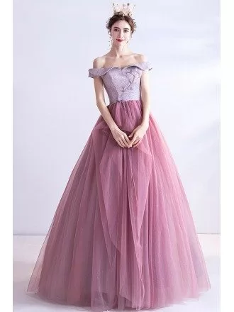Princess Pink Ruffled Tulle Ballgown Prom Dress With Off Shoulder