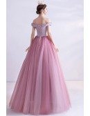 Princess Pink Ruffled Tulle Ballgown Prom Dress With Off Shoulder