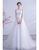 Ballgown Tulle Lace Round Neck Wedding Dress With Lace Sheer Back