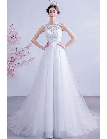 Ballgown Tulle Lace Round Neck Wedding Dress With Lace Sheer Back