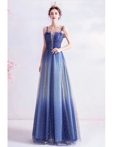 Ombre Blue Tulle Aline Long Prom Dress With Bling Spaghetti Straps