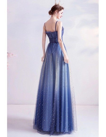 Ombre Blue Tulle Aline Long Prom Dress With Bling Spaghetti Straps