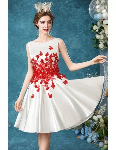 Short White With Red Flowers Wedding Party Dress With Round Neck