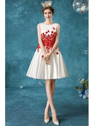 Short White With Red Flowers Wedding Party Dress With Round Neck