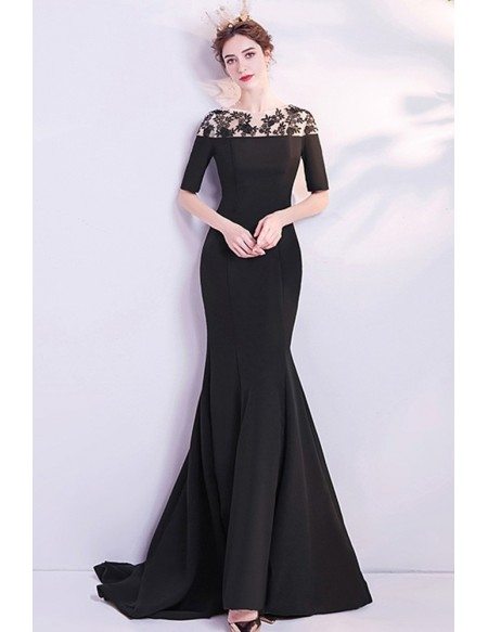 Slim Fitted Long Black Mermaid Evening Dress Modest With Half Sleeves