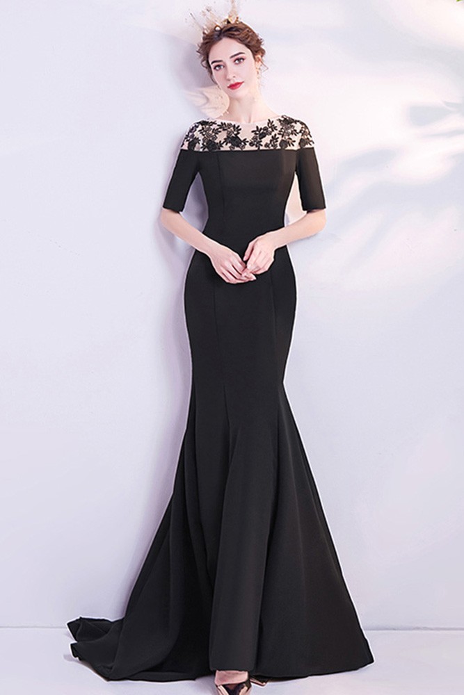 Slim Fitted Long Black Mermaid Evening Dress Modest With Half Sleeves ...