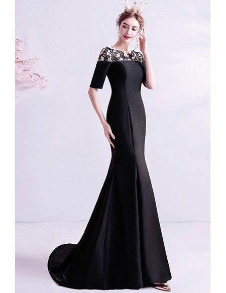 Slim Fitted Long Black Mermaid Evening Dress Modest With Half Sleeves ...