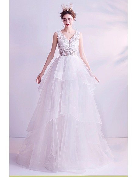 Ruffle Ballgown Tulle Sheer Top Wedding Dress With Lace Vneck
