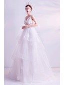 Ruffle Ballgown Tulle Sheer Top Wedding Dress With Lace Vneck
