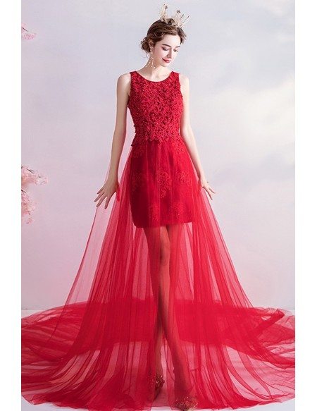 Red Lace High Low Long Train Prom Party Dress Sleeveless
