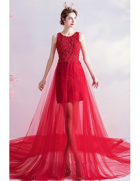 Red Lace High Low Long Train Prom Party Dress Sleeveless