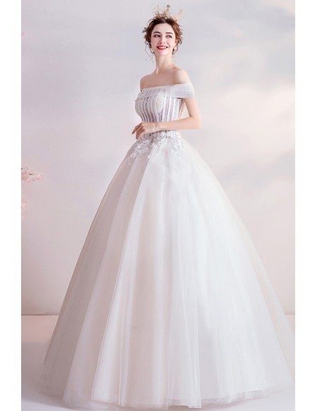 Princess Off Shoulder Ballgown Wedding Dress With Beaded Flowers