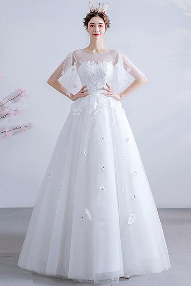 Modest Puffy Sleeves Ballgown Wedding Dress With Flowers Wholesale # ...