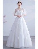 Modest Puffy Sleeves Ballgown Wedding Dress With Flowers