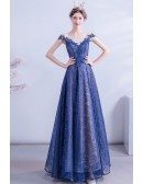 Elegant Blue Lace Aline Prom Dress Modest With Illusion Neckline