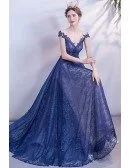 Elegant Blue Lace Aline Prom Dress Modest With Illusion Neckline