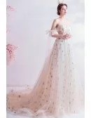 Dreamy Bling Stars Formal Prom Dress Tulle With Long Train