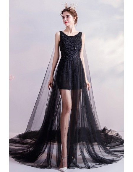 Fairytale Black Tulle High Low Lace Prom Formal Dress With Long Train