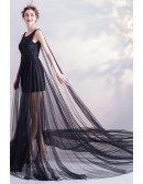Fairytale Black Tulle High Low Lace Prom Formal Dress With Long Train