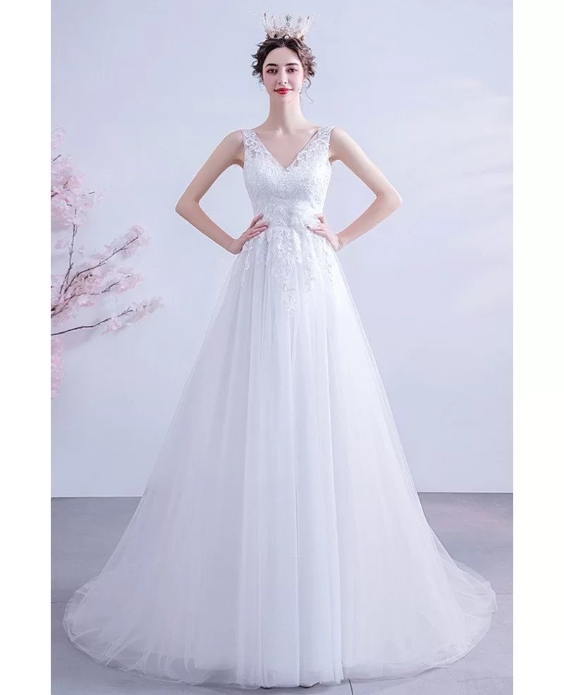 Slim Long Aline Vneck Wedding Dress Tulle With Lace Top Wholesale #
