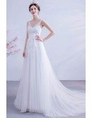 Slim Long Aline Vneck Wedding Dress Tulle With Lace Top