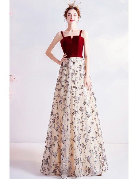 Velvet With Flowers Sequins Aline Party Prom Dress With Straps