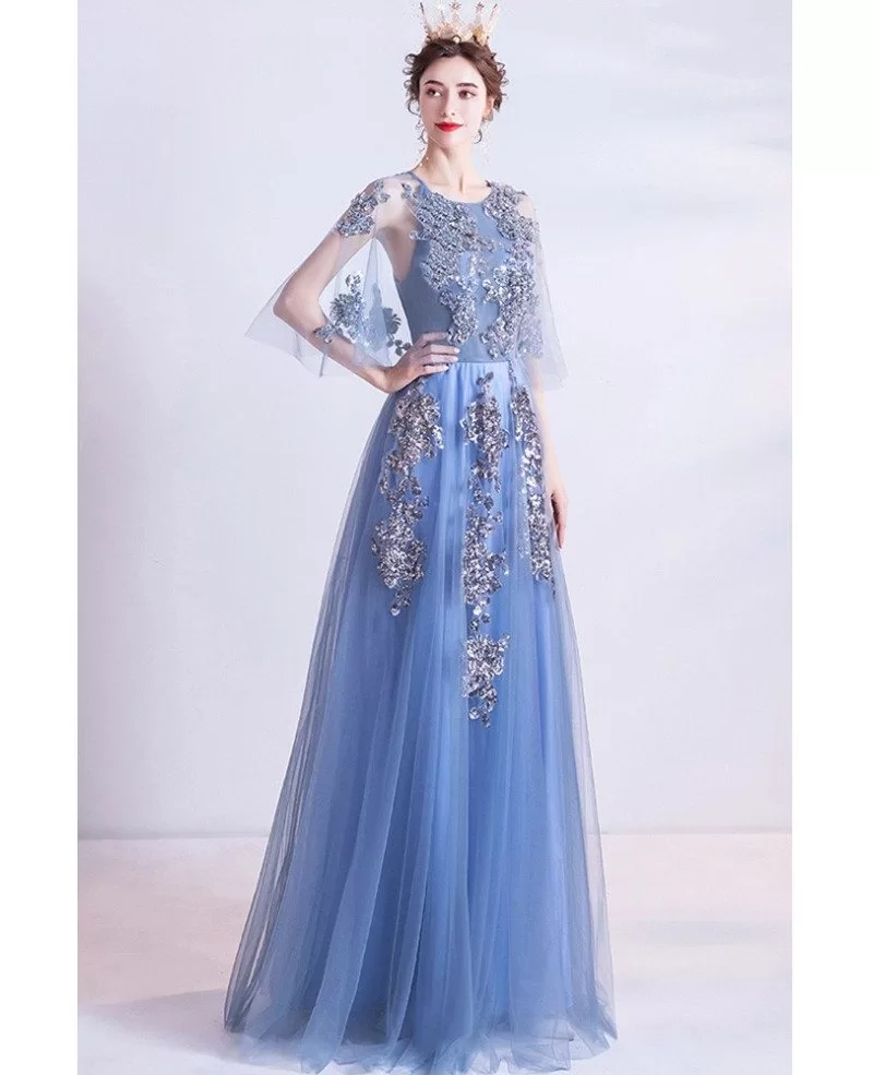 Blue Aline Long Tulle Prom Dress With Puffy Cape Sleeves Wholesale # ...
