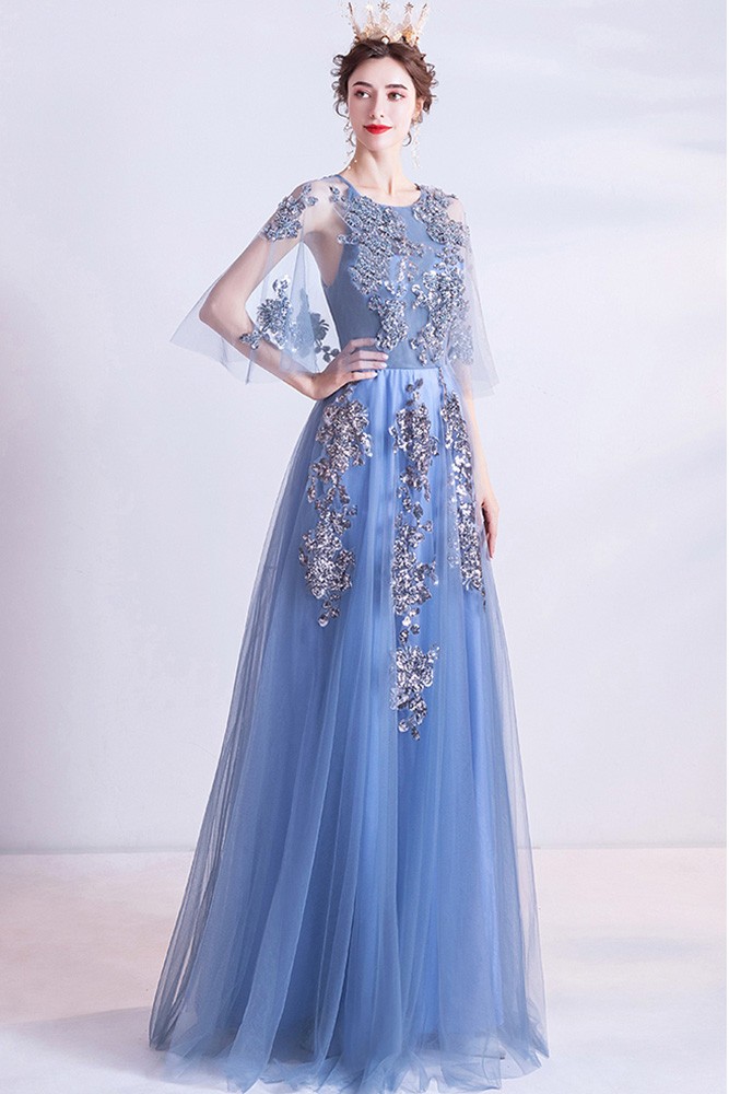 Blue Aline Long Tulle Prom Dress With Puffy Cape Sleeves Wholesale # ...