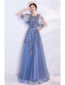 Blue Aline Long Tulle Prom Dress With Puffy Cape Sleeves