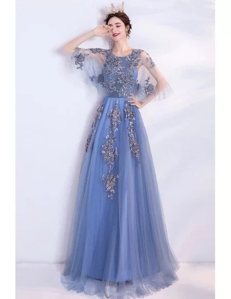 Blue Aline Long Tulle Prom Dress With Puffy Cape Sleeves Wholesale # ...