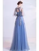 Blue Aline Long Tulle Prom Dress With Puffy Cape Sleeves