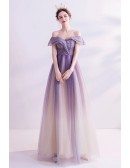 Purple Bling Fabric Aline Tulle Prom Dress With Ruffled Off Shoulder
