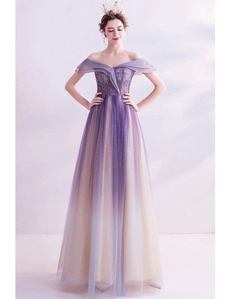 Purple Bling Fabric Aline Tulle Prom Dress With Ruffled Off Shoulder